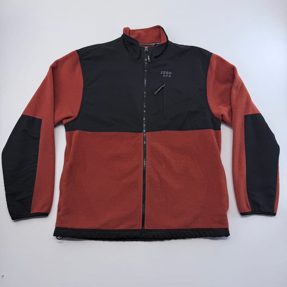 IZOD PerformX Mens Fleece Jacket Full Zip Colorblock Rust Orange Black Large